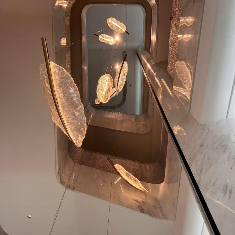 主图 Leaf-Shaped Textured Glass Staircase Chandelier for Villa Foyers - Image 1